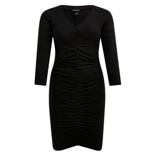 Torrid Black Jersey Bodycon Dress Sz 5X Ruched V-Neck Long Sleeves Stretch LBD